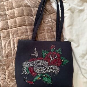 Black Rhinestone Embellished Tote Bag